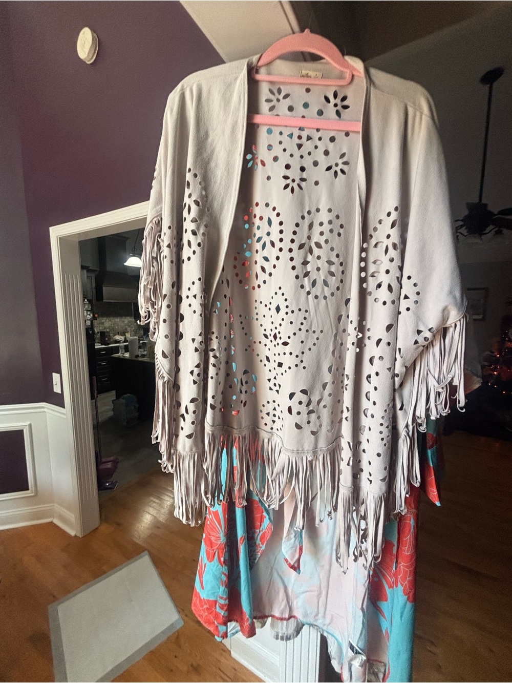 Hollister Light Gray Laser-Cut Fringe Shawl Cape